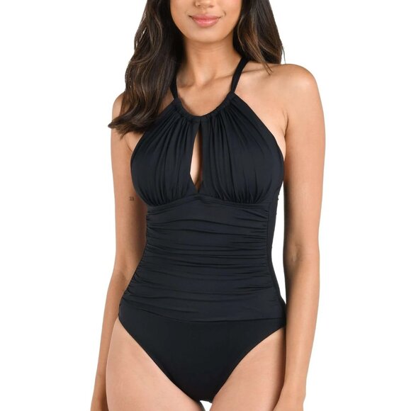 NWT La Blanca Island Goddess High Neck Keyhole One Piece in Black Size 6 - Picture 1 of 6
